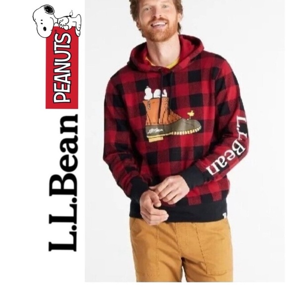 L.L. Bean Peanuts Buffalo Check Hoodie Sweatshirt Fleece Medium Red Black Men’s - Picture 1 of 12